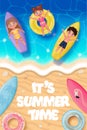 Children swim on surfboards and rubber rings. Summer beach seashore. Vector illustration in cartoon 3D style