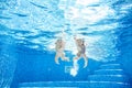 Children swim underwater in swimming pool, happy active girls have fun under water, kids fitness and sport Royalty Free Stock Photo