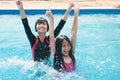 children swiming and playing in the pool with happy