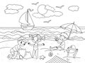 Children swimming at the beach and play with toys illustration. Sea, beach, kids, toy, bird, sand, ice cream and summer