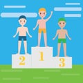 Children swimming sport team on pedestal. Boys, kids sport