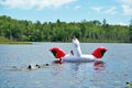 Children swimming to a huge inflatable unicorn floaty in the middle of a lake upper peninsula michigan