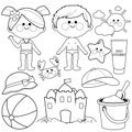 Children at the beach on summer vacation. Vector black and white coloring page.