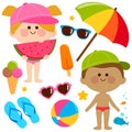 Children at the beach on summer vacations with swimsuits and hats. Vector illustration Royalty Free Stock Photo