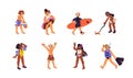 Children in swimsuits set. Happy kid diving, surfing. Girl with swimming inflatable circle. Child plays with crab on