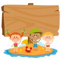 Children at the beach on a summer island and blank wooden sign. Vector illustration