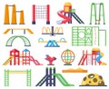 Children swings, ladders, slide outdoor fun playground. Kids recreation park carousel and sandbox vector illustration