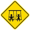 Children on swings, playground, vector yellow sign