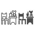 Children table and chair with toys line and solid icon, interior concept, children room sign on white background, table