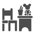 Children table and chair with toys solid icon, interior concept, children room sign on white background, table and chair