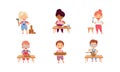 Children at Table Woodworking Making Items from Wood Vector Set