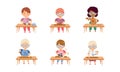 Children at Table Woodworking Making Items from Wood Vector Set