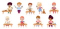 Children at Table Woodworking Making Items from Wood Vector Set