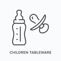 Children tableware flat line icon. Vector outline illustration of baby bottle and pacifier. Black thin linear pictogram