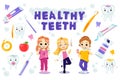 Children Take Care Of Their Teeth. Healthy Teeth Concept. Vector Illustration In Flat Cartoon Style With Colorful