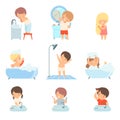 Children Taking Bath and Washing Themselves Vector Illustrations Set. Little Girl Brushing Her Hair and Boy Washing His Royalty Free Stock Photo