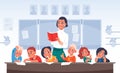 Children and teacher. Cartoon primary school students. Happy boys and girls in kindergarten listen to woman with book Royalty Free Stock Photo