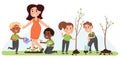 Children and teacher gardening, planting vegetables and trees. Kids learn to love and take care of nature vector