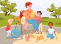 Children and teacher read book together, boy girl child playing in sandbox and with ball Royalty Free Stock Photo