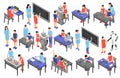 Children technical training centers isometric compositions set with robotic control systems programming science classes isolated Royalty Free Stock Photo