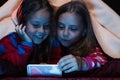 Children and technology concept. Girls with curious faces looking at phone screen