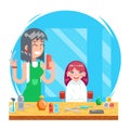 Children teenager hairdresser character cute little girl and female master haircuts icon flat design concept template