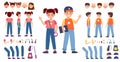 Children teenagers constructor. Happy girl and boy with additional body parts and accessories, child emotions and