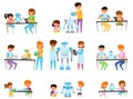 Children and Teenagers Sitting at Tables and Engineering Robots Vector Illustrations Set
