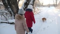 Children teens travel in winter in the park with a dog. two girls and dog and dog walk along path in winter park Royalty Free Stock Photo