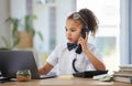 Children, telephone and a girl having fun in an office as a fantasy businesswoman at work on a laptop. Kids, phone call Royalty Free Stock Photo