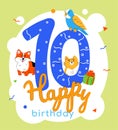 Children 10th birthday greeting card vector template