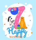 Children 7th birthday greeting card vector template