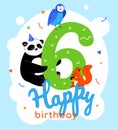 Children 6th birthday greeting card vector template