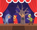 Children Theatre Performance, Kids Actors Performing Red Hood Fairy Tale Show Scene on Stage with Red Curtains Vector