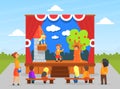 Children Theatre Performance, Kids Actors Performing on Stage with Red Curtains and Fairy Tale Castle Scenery Vector