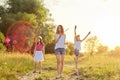 Children three girls playing with soap bubbles Royalty Free Stock Photo