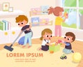 Children tidy up playroom doing household chores. Royalty Free Stock Photo
