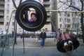 Children on tire swing in park Royalty Free Stock Photo