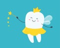 Children tooth fairy. Cute tooth with wings, a crown and a magic wand. Vector illustration