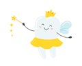 Children tooth fairy. Cute tooth with wings, a crown and a magic wand. Vector illustration Royalty Free Stock Photo