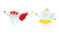 Children tooth fairy and superhero. Cute tooth with wings, a crown and a magic wand. Happy healthy tooth in a red cloak.