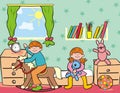 Children and toy, child Room, two kids and toys, interior, home, vector illustration, eps.