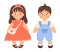 Children toy doll. Cute pair baby. Beautiful girl with long hair in red dress and boy in blue overalls. Vector Royalty Free Stock Photo
