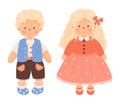 Children toy doll. Cute pair of blond baby. Curly girl with long hair in red dress and boy in vest and shorts. Vector