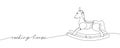 Children toy rocking horse one line art with an inscription. Continuous line drawing of childhood, relax, rest, play