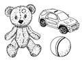 Children toy for children. teddy bear, cute ball and machine or car. Vintage retro style. Engraved hand drawn monochrome Royalty Free Stock Photo