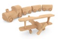 Children toy wooden train and airplane Royalty Free Stock Photo