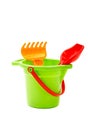 Children toys bucket shovel and rake Royalty Free Stock Photo