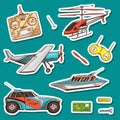 Children toys constructor. Vintage aircraft, boat, ship and car, RC transport, remote control models. Stickers for