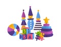 Children toys flat vector illustration. Bright building blocks, jigsaw puzzle, ball, pyramid, clowns isolated on white Royalty Free Stock Photo